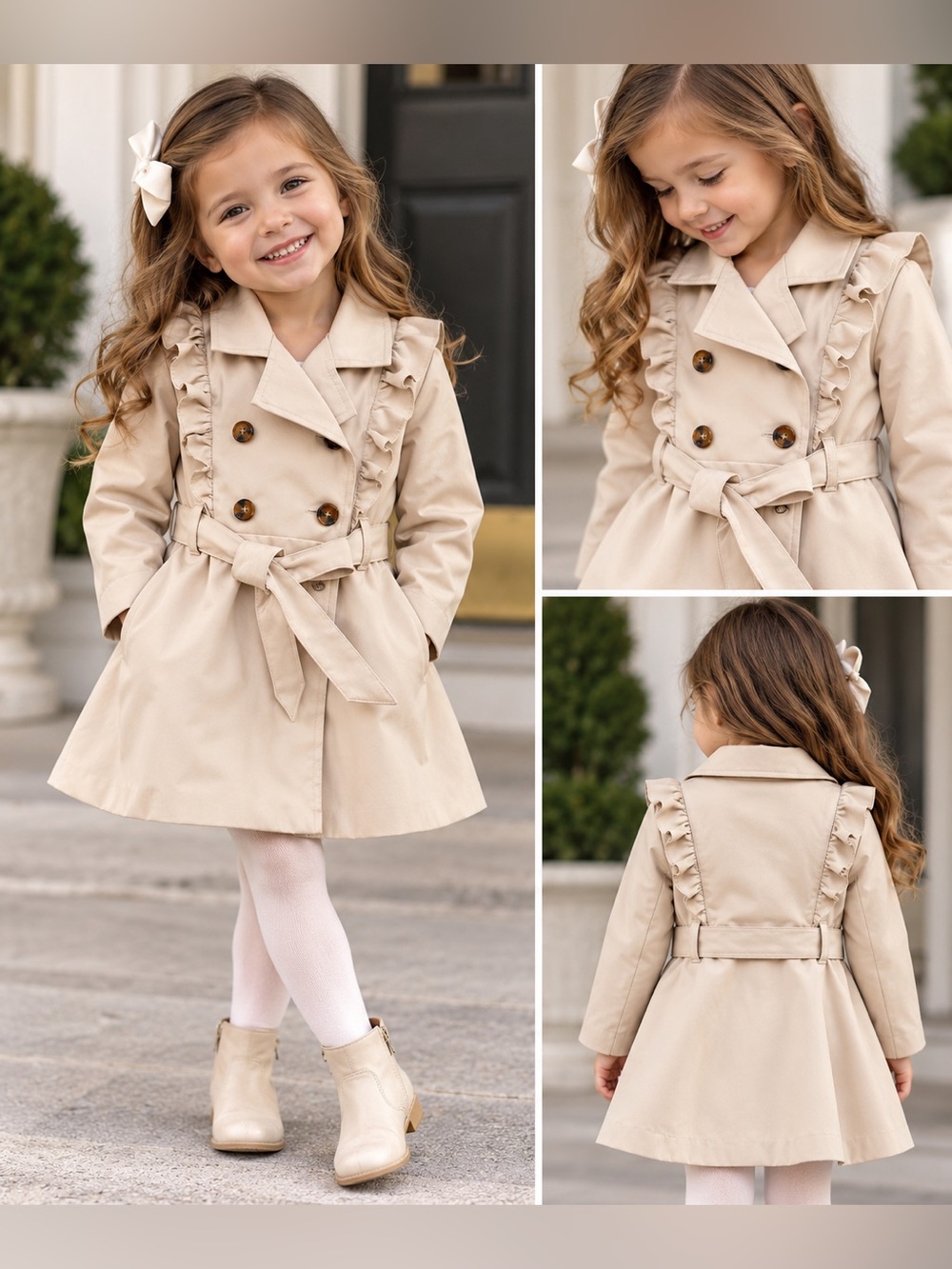 NWOT Tahari Girls 4T Beige Ruffle Trench Coat Belted Dress Jacket